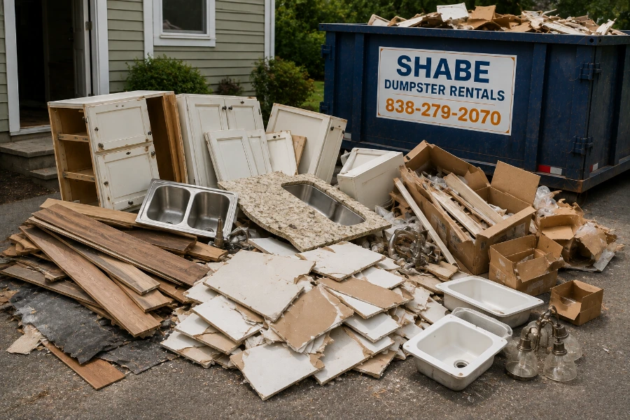 Kitchen demolition debris including cabinets countertops flooring and fixtures ready for dumpster disposal