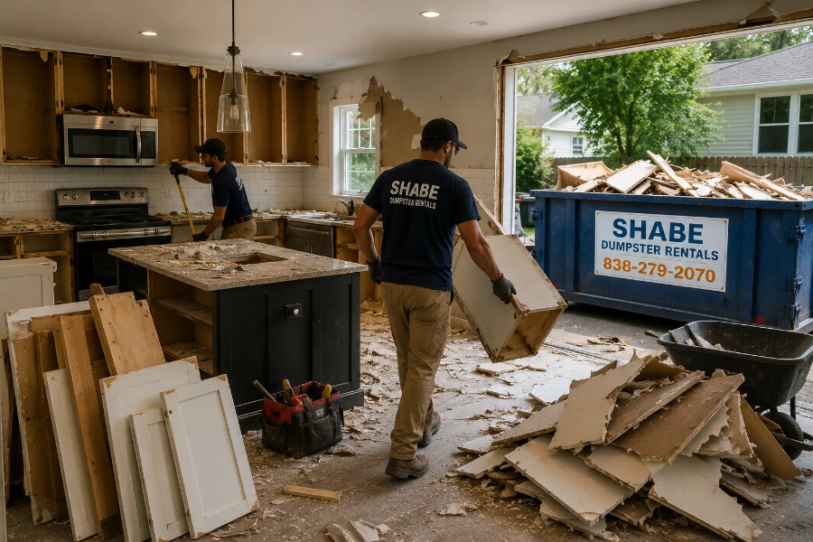 Kitchen remodeling project with demolition debris being loaded into a dumpster