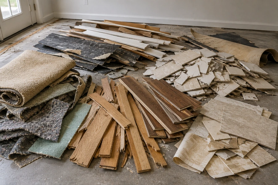 Old carpet tile hardwood laminate and flooring debris prepared for dumpster disposal