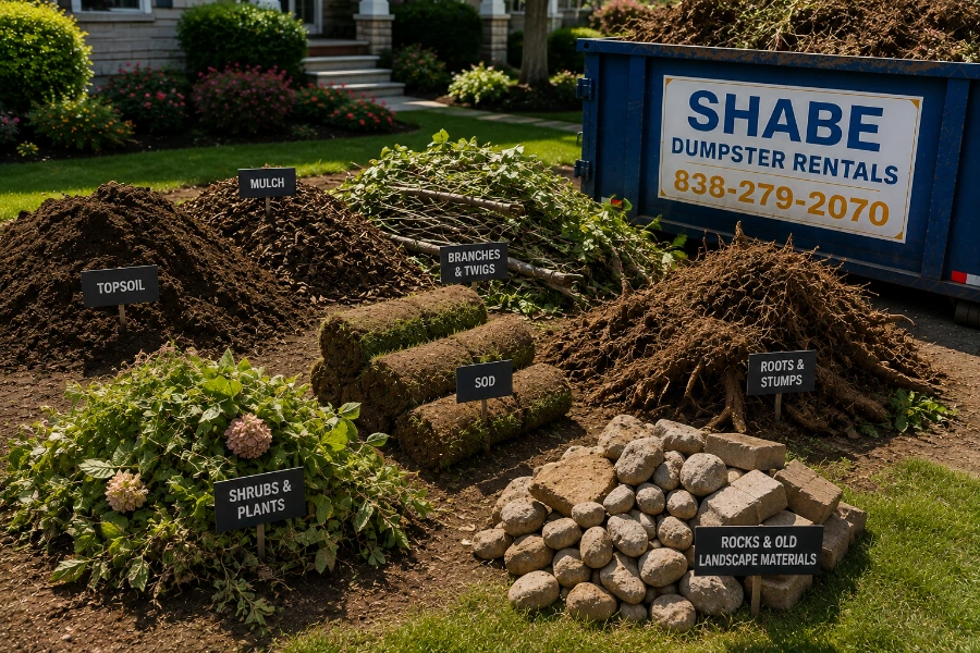 Landscaping debris including soil sod roots branches and old landscape materials