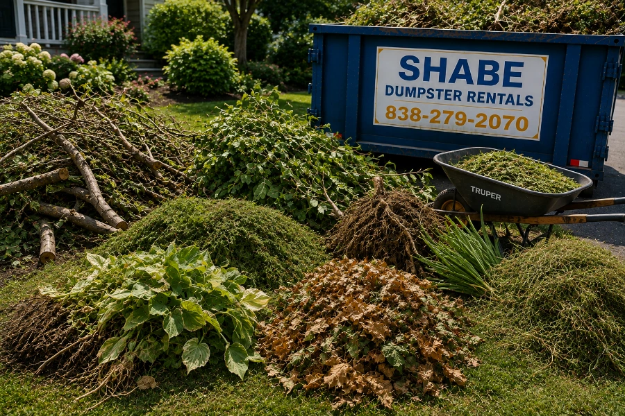 Yard waste including branches brush leaves shrubs and roots prepared for dumpster disposal