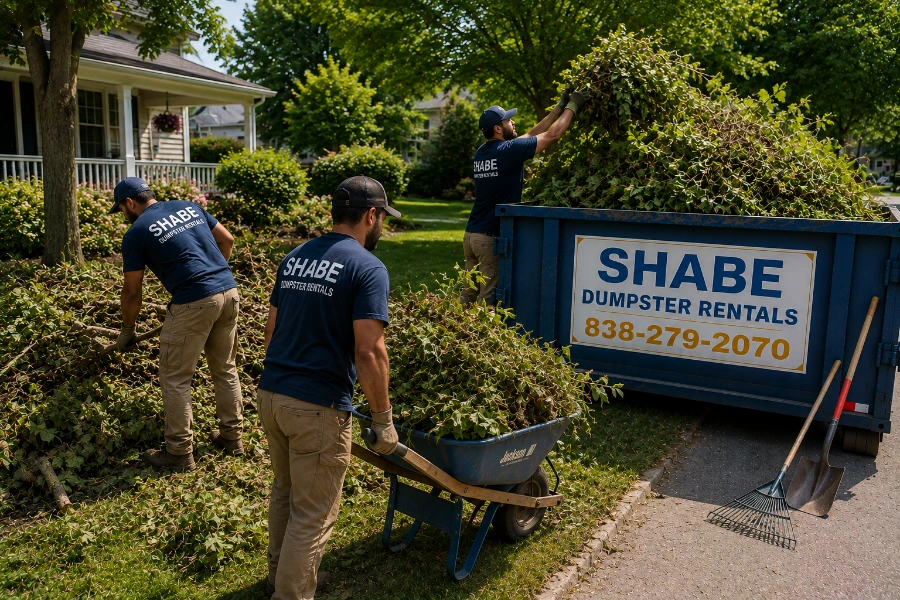 Residential yard cleanup with branches brush leaves and debris being prepared for dumpster removal