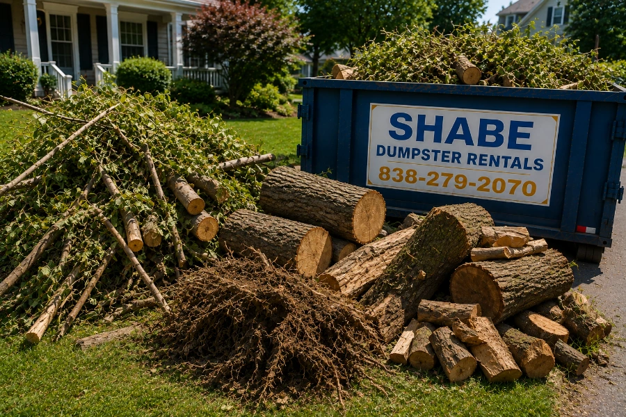 Tree removal debris including branches logs brush and roots prepared for dumpster disposal