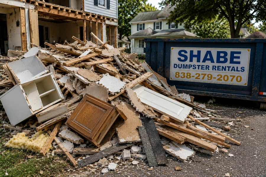 Residential demolition debris including wood drywall flooring cabinets and fixtures