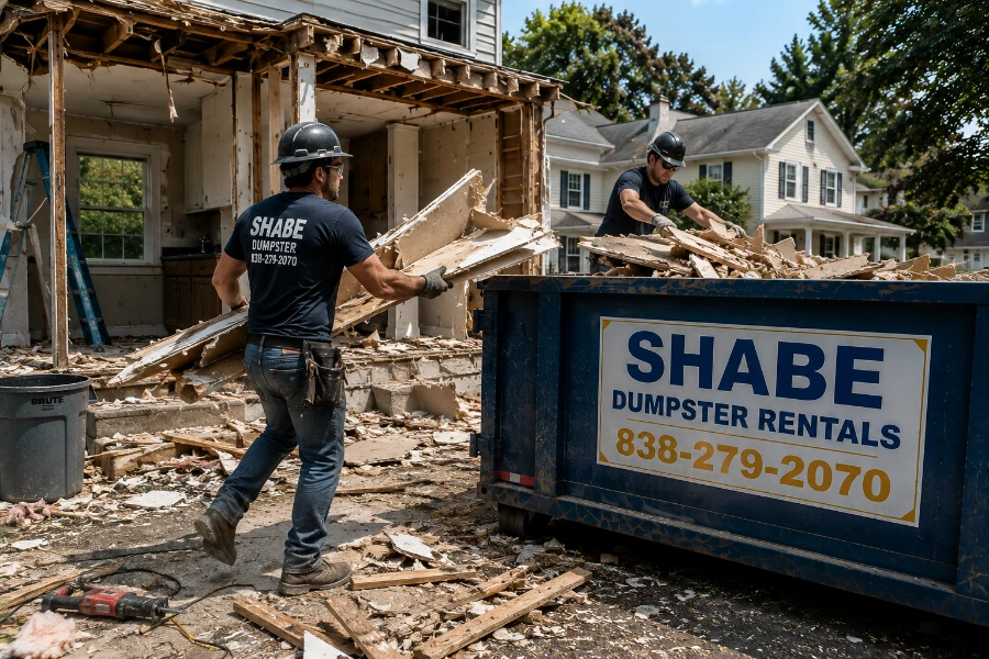 Residential demolition cleanup with construction debris being loaded into a dumpster