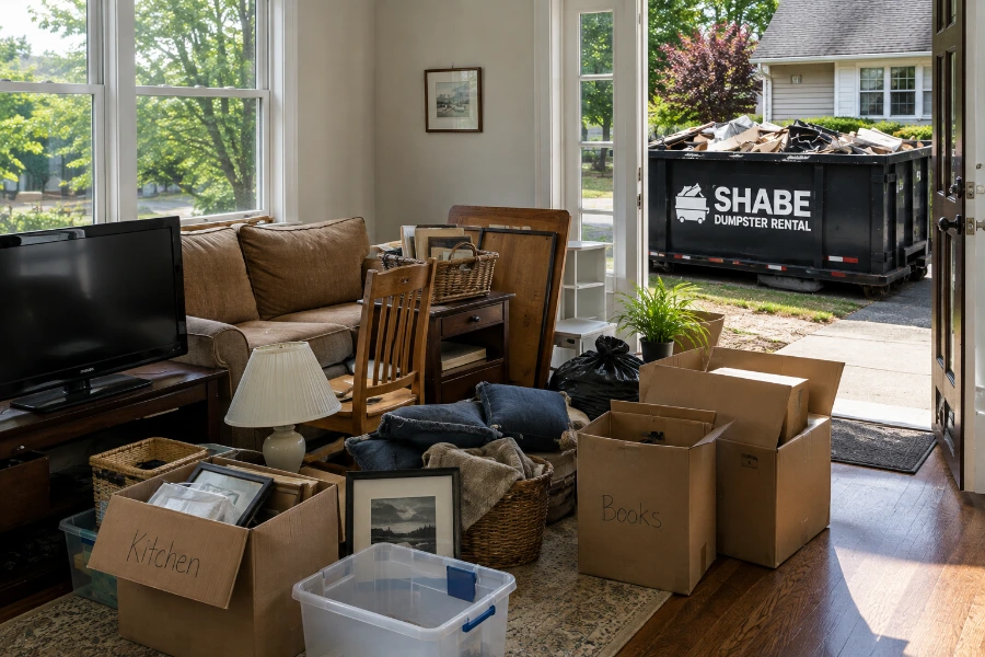 Household furniture boxes and unwanted belongings ready for dumpster cleanup