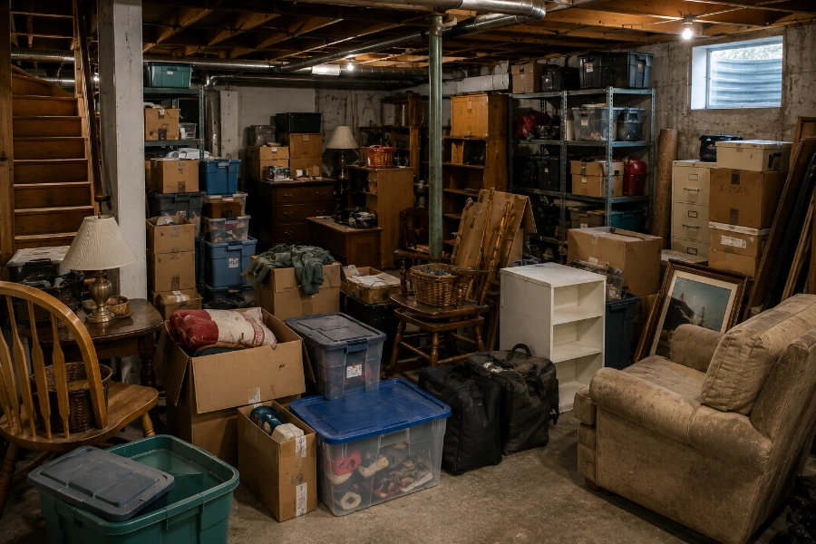 Basement filled with unwanted furniture boxes shelving and household storage items