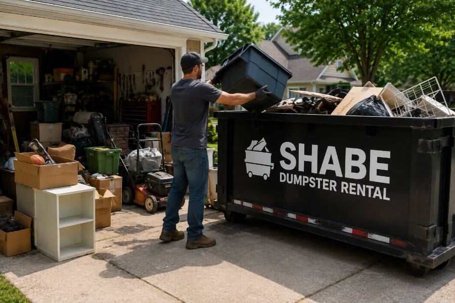 Organized garage cleanout with unwanted items ready for dumpster loading