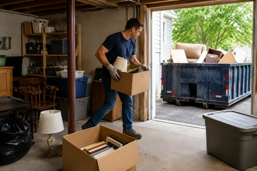 Organized basement cleanout with unwanted items ready for dumpster loading