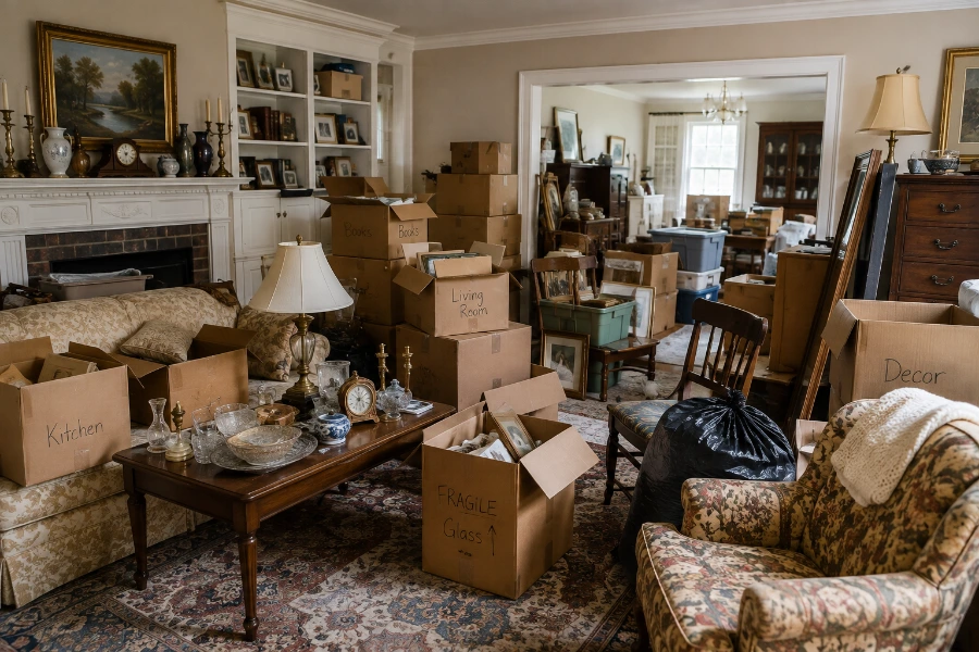 Estate home cleanout with furniture boxes household belongings and storage items