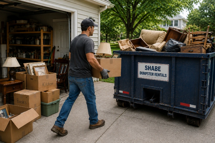 Organized estate cleanout with household belongings sorted for disposal
