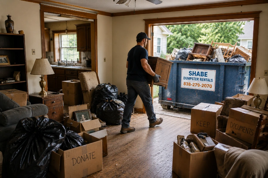 Foreclosure property cleanup with debris sorted for dumpster disposal