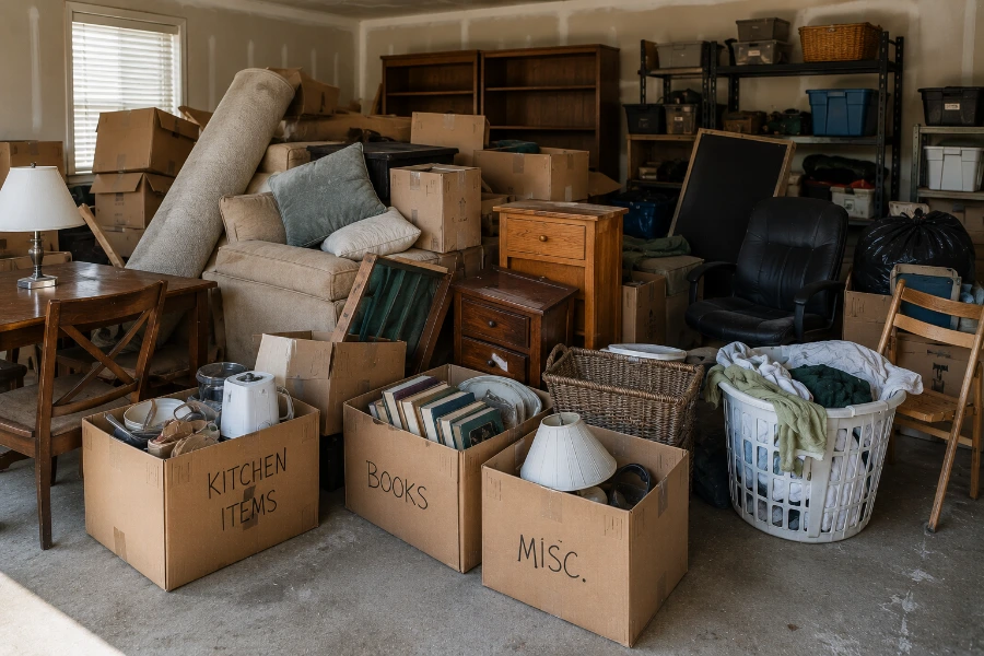 Unwanted furniture boxes and household belongings prepared for a move-out dumpster