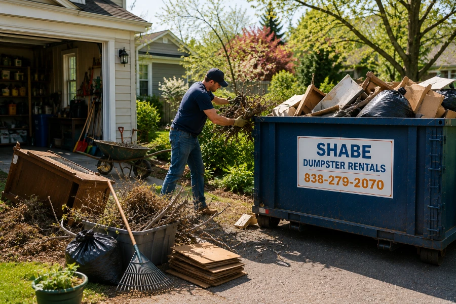 Spring yard and property cleanup with a residential dumpster ready for debris