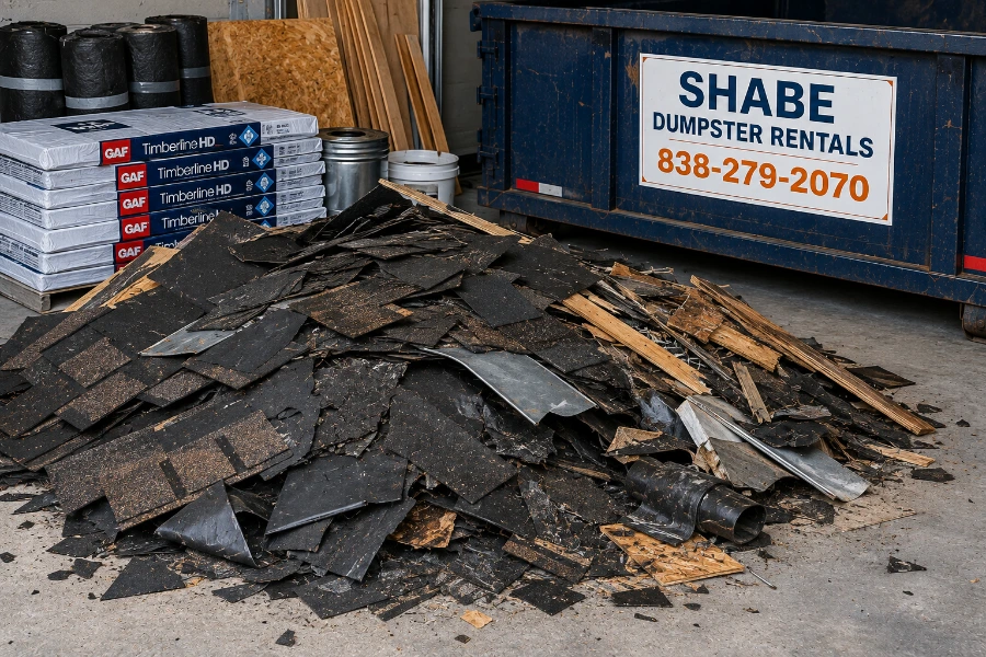 Roof tear-off debris including shingles underlayment and wood prepared for dumpster disposal