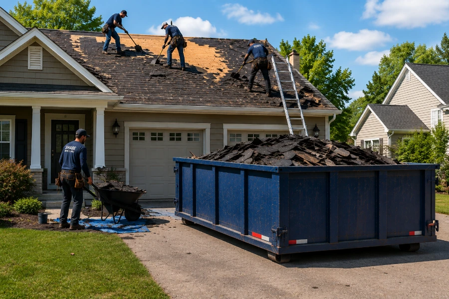 Roofing crew performing roof replacement beside a dumpster in Schenectady